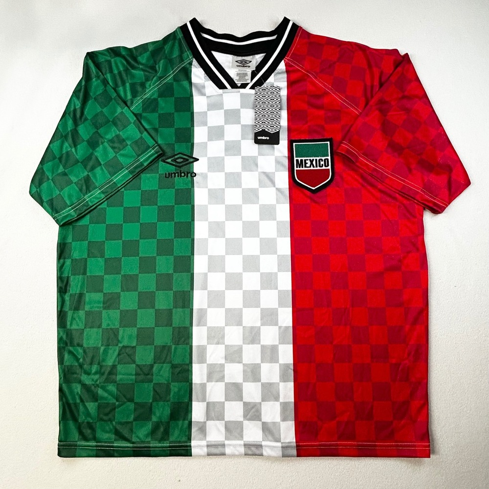 NWT Umbro MEXICO SOCCER Jersey Mens Size Large Green White Red Checkered V-Neck